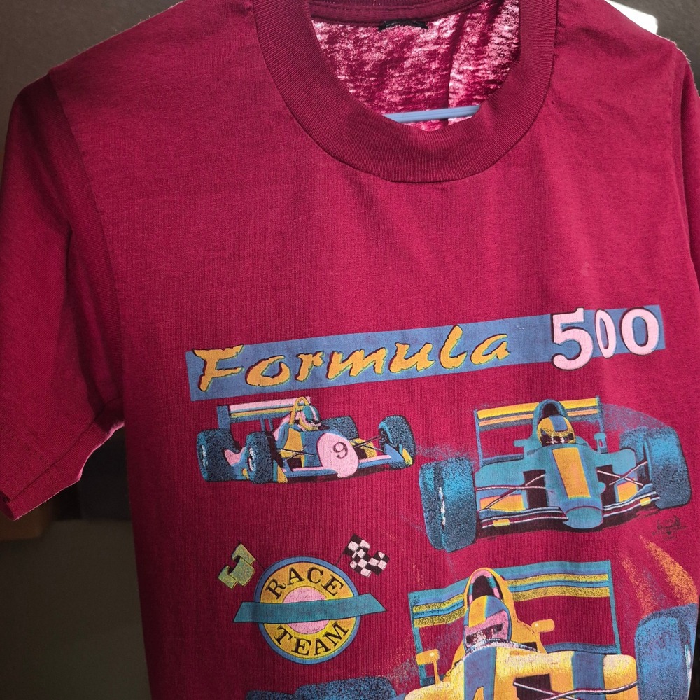 Vintage 80s Paper Thin Shirt Kids 14-16 L Formula 500 Race Maroon Single Stitch